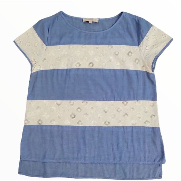 LN LOFT EYELET LACE STRIPED 100% COTTON SHORT SLEEVED BLOUSE SZ. M - Picture 1 of 4